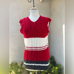 Vintage preppy hand knit sweater vest cable red white gray size Small unisex